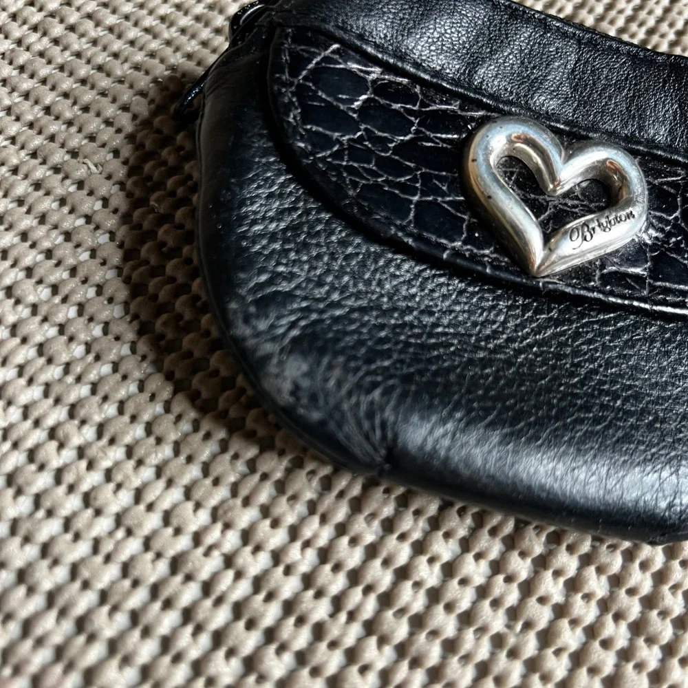 Brighton Black Pebbled Leather Heart Coin Purse Croc Trim Mini Pouch